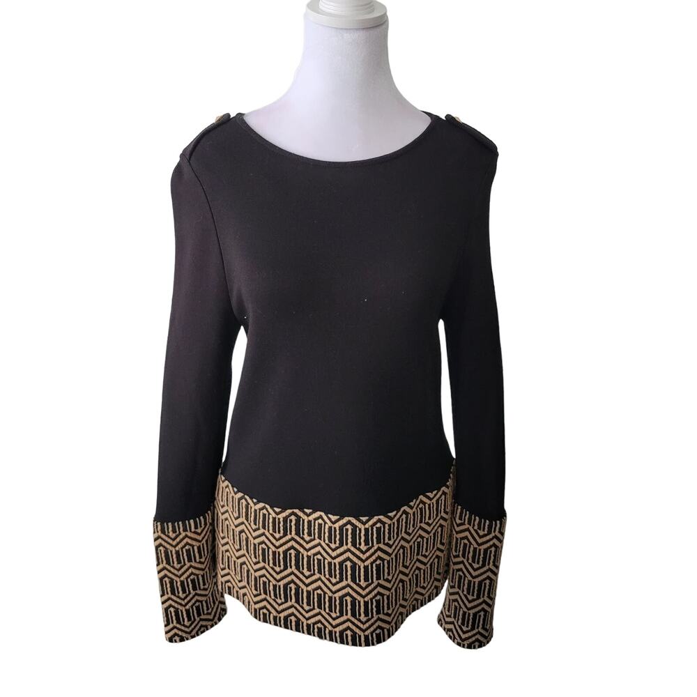 Chico's Size 0 US S Blocked Jacquard Top Black Gold Shoulder Accent Mature